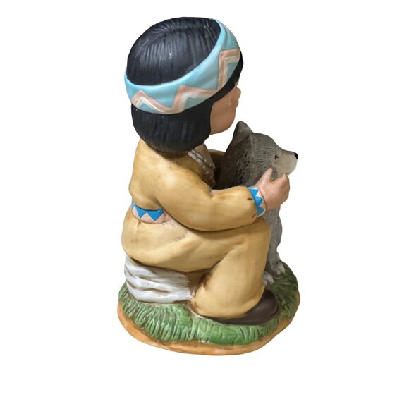 Homco Art Bisque Porcelain Native American Boy Figurine With Wolf Cub 1428 - Picture 5 of 13